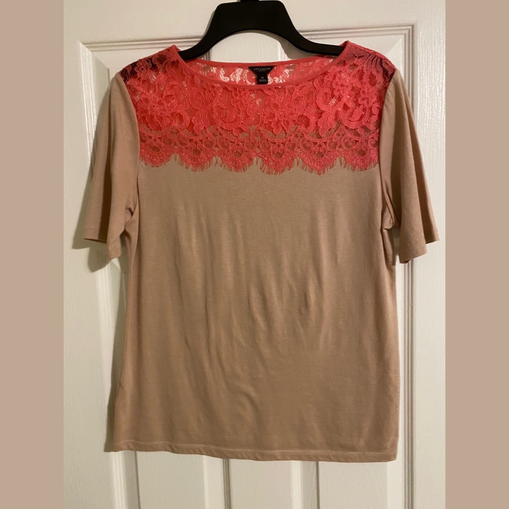 Ann Taylor Tan Shirt with Pink Lace